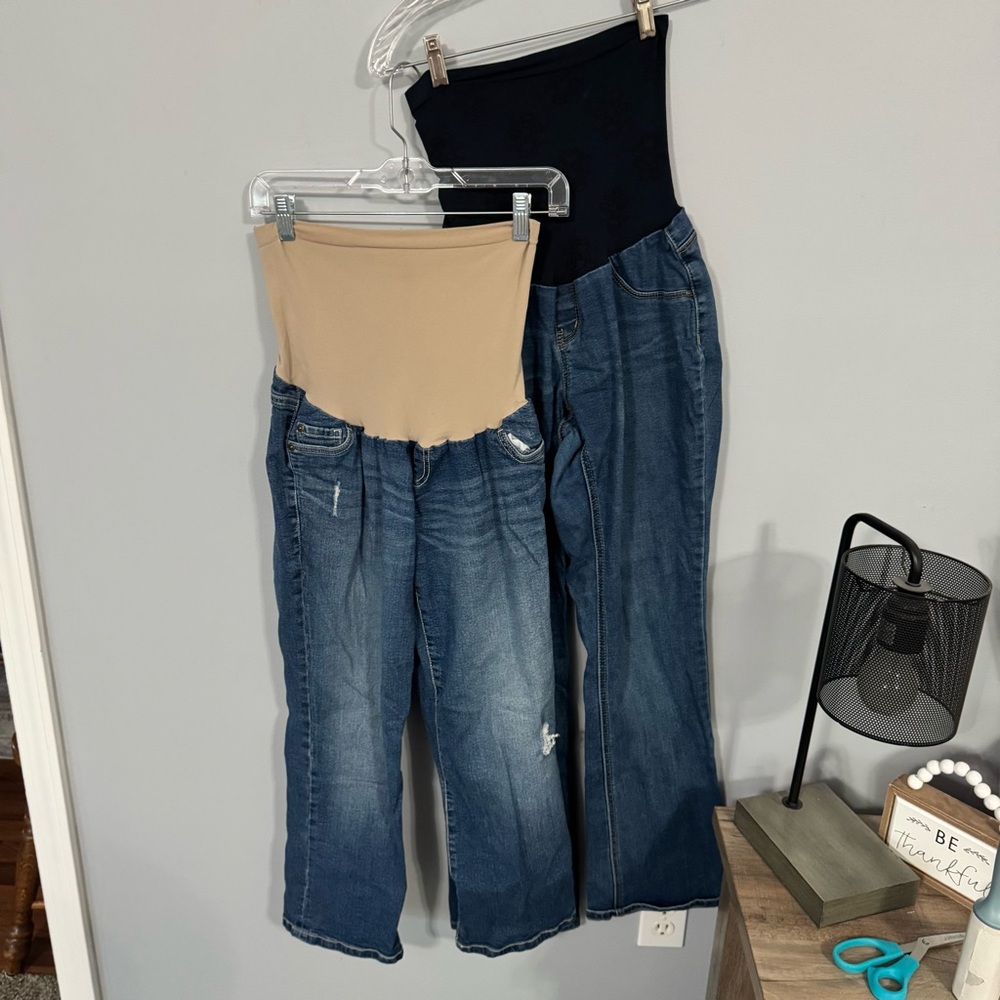 LOT of 2 Pairs Size XL Maternity Jeans & Capris w/ Belly Band Medium Wash